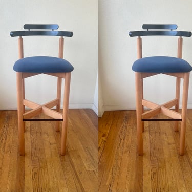 Pair of solid Birch &amp; Black Lacquer Wood Danish Postmodern Barstools by Findahls