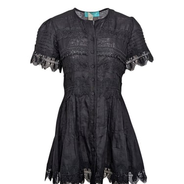 Waimari - Black Linen Button Front Eyelet Lace Trim Dress Sz L