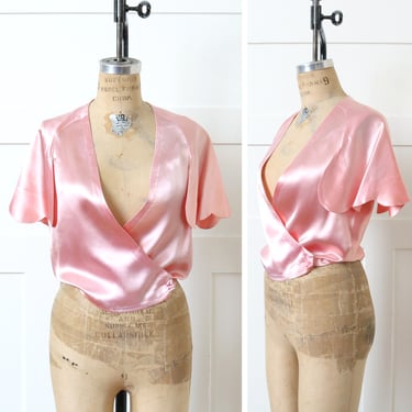 vintage 1930s pink satin top • dramatic deco petal sleeve jacket with scalloped hem 