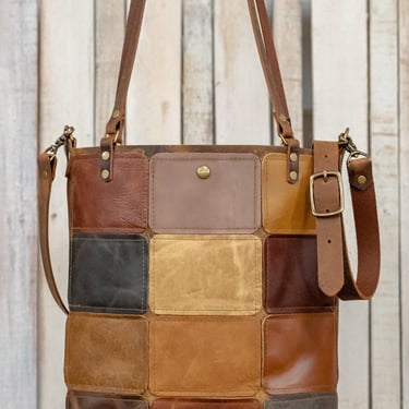 Weekly Limited-Run Bags | Leather tote | Made in USA | The Joanna Patchwork Leather Tote Bag in Earth Tones 