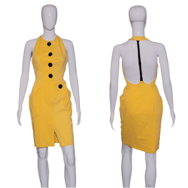 1980's Yellow and Black Wrap Halter Contempo Casuals Dress - Size XS