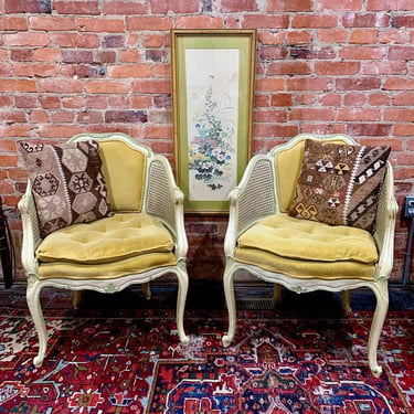 Cane and gold velvet accent chairs with silk painted water color botanical (paintings-sold)
