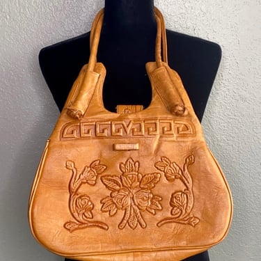Vintage brown leather purse floral embossed,1960's 