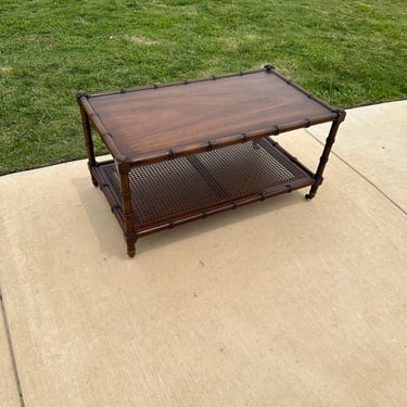 Free Shipping - Mid-Century Hollywood Regency Faux Bamboo Walnut Cocktail Table on Wheels 
