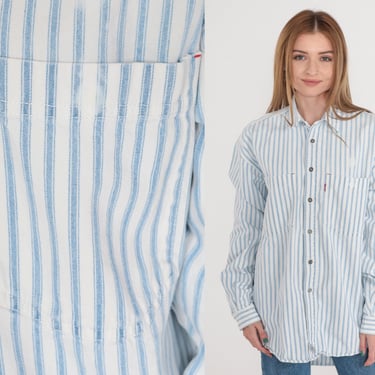 Striped Levis Shirt 90s Button Up Shirt White Blue Railroad Stripes Retro Levi Strauss Collared Long Sleeve Oxford Vintage 1990s Mens Small 