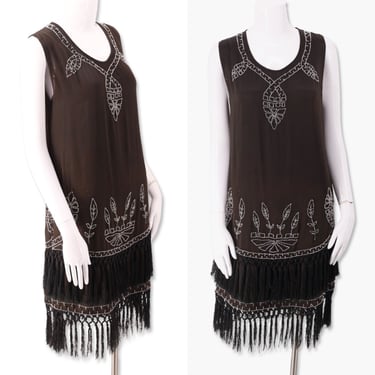 1920s beaded fringe flapper dress, vintage 20s Art Deco party dress, black beaded Gatsby dress antique 