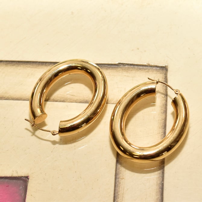 Vintage 14K Gold Oval Hoop Earrings, Polished Gold Tube Hoops, Lightweight, 585 Statement Earrings, 35mm 