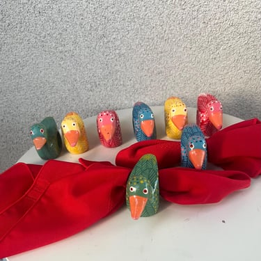 Vintage boho set 8 napkin rings wood colorful hand painted birds signed K. Destine 