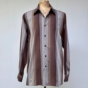 Vintage Perry Ellis Brown Striped Cotton Men's Shirt, Relaxed Fit Long Sleeve, XXL 52