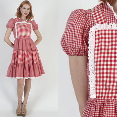 Red Gingham Suspender Dress Americana Picnic Saloon Outfit Country Waitress Square Dancing White Lace Eyelet Trim 