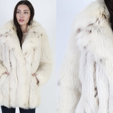 Marvin Richards Shawl Collar Spotted Arctic Real Fox Fur Coat With Pockets 