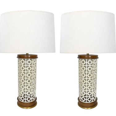 Pair of 1960's Reticulated Ivory Enameled Metal Cylindrical-form Lamps