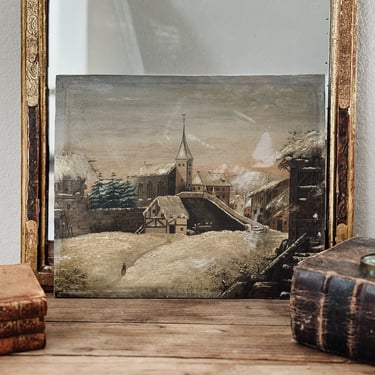 Antique 19th c. Dutch Oil Painting, Winter Village Scene 