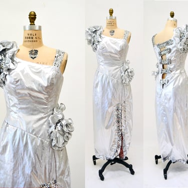 Vintage Metallic 80s Prom Dress Medium Large Silver Lame// 80s Vintage Silver Metallic Party Dress Pageant Ruffle Sequin Barbie Mike Benet 