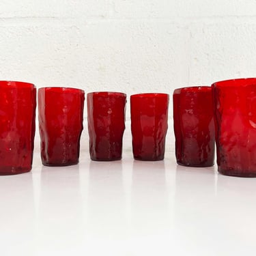 Vintage Ruby Red Glasses Morgantown Crinkle Glassware Set of 6 Juice Mini Cocktail Glass Mid-Century Colorful Home 1960s 60s 1950s 50s 