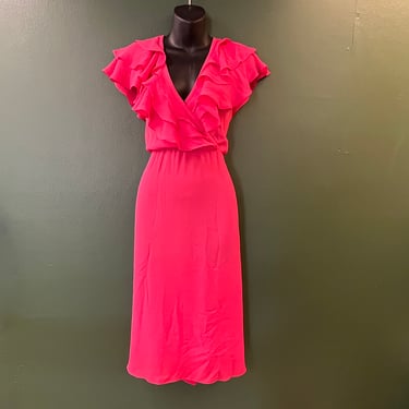 hot pink ruffled dress 1970s crossover faux wrap large 