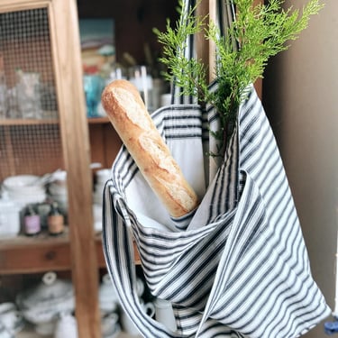 Beautiful market bag made from vintage French mattress fabric lined with vintage French linen 