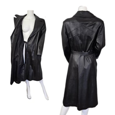 1970s/80s Black Leather Belted Trench Coat I Sz Lrg I BELLE JACOB 