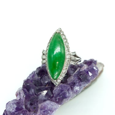 Platinum Marquise Shape Green Jadeite w/ 36 Diamonds Ring, Size 4.75