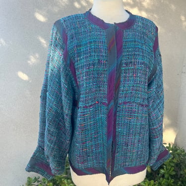 Vintage boho jacket woven weave multi color art to wear size medium by Mary Bookman 