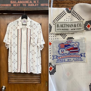 Vintage 1950’s Size L “Duke Kahanamoku” Atomic Rayon Vertical Pattern Hawaiian Shirt, 50’s Loop Collar, Vintage Clothing 