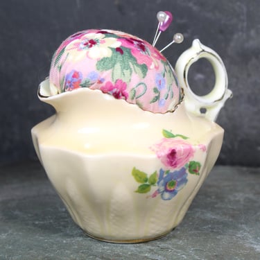 Delicate Floral Ceramic Pitcher Pin Cushion - Upcycled Vintage Dime Store Pitcher Turned Pin Cushion - Handmade  | FREE SHIPPING 