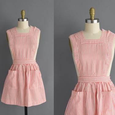 1960s vintage dress | Pink Pinstripe Cotton Uniform Dress | Size | 60s dress 