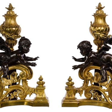 Pair of French 19th Century Bronze Putti Chenets