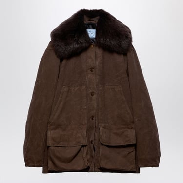 Prada Brown Cotton Jacket With Shearling Collar Women