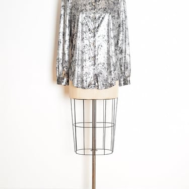 vintage 80s top black metallic silver leaves floral print blouse shirt L XL clothing 