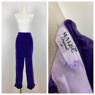 Vintage 1950s cigarette pants, pedal pushers, purple velvet, back zip, pinup 