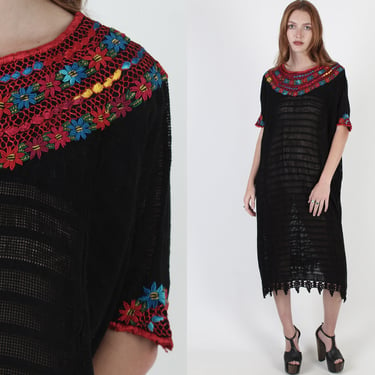 Ethnic Mexican Dress / Sheer Black Woven Aztec Floral Embroidered Dress / Summer Fringe Caftan CoverUp Midi 