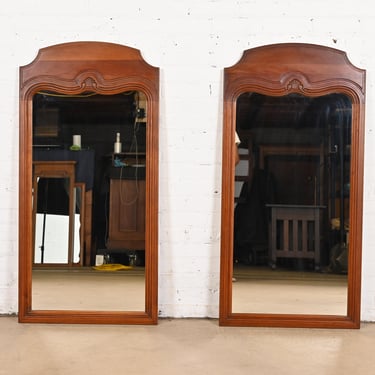 Davis Cabinet Co. French Provincial Louis XV Carved Cherry Wood Framed Tall Wall Mirrors, Pair