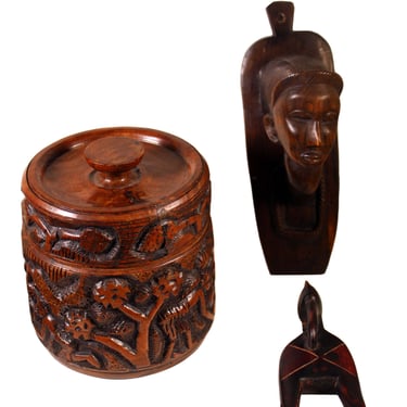 Collection of African Wood Carvings including Ebony Shona from Malawian 