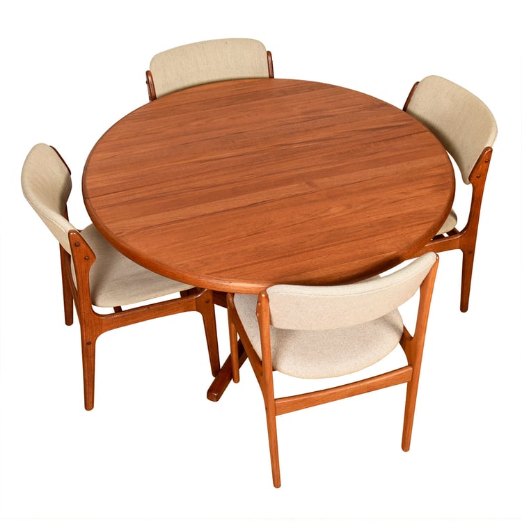 Round to Oval + Pedestal Base Danish Teak Expanding Dining Table w Two Leaves