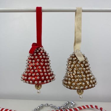 Vintage Bead & Sequin Push Pin Bell Ornament set of 2, Christmas Ornament, Gold and Red Pushpin Bell Ornaments, Hand beaded pinned ornaments 