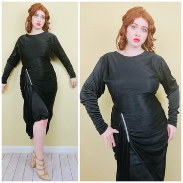 1970s Vintage Night Moves Rhinestone Disco Dress / 80s Black Poly Ruched Sash Dolman Sleeve Party Dress /Size Large 
