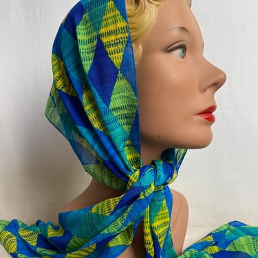 60’s mod scarf Sheer 100% blue green & yellow head scarf~ neck tie pussycat bow long rectangular diamond Harlequin geometric plaid print 