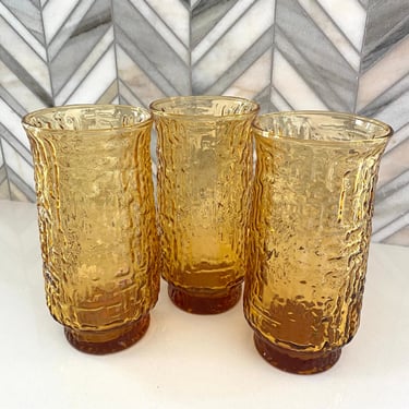 Anchor Hocking Pagoda Amber Gold Tumblers, Set of 3, Water Glass, Vintage, Retro Glasses, Bamboo, Textured Glass 