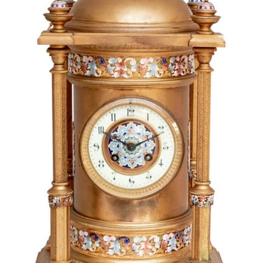 French Gilt Metal and Champleve Enamel Clock