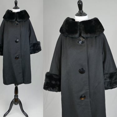 60s Black Coat w/ Faux Fur Collar and Cuffs - Big Buttons - Vintage 1960s - Size L XL 