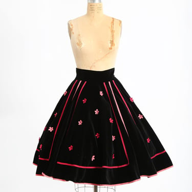 Vintage 50s black velvet pink 3D floral circle skirt 