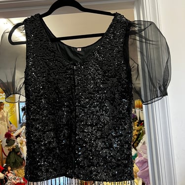 Vintage sequin blouse top, black sequin sheer top 