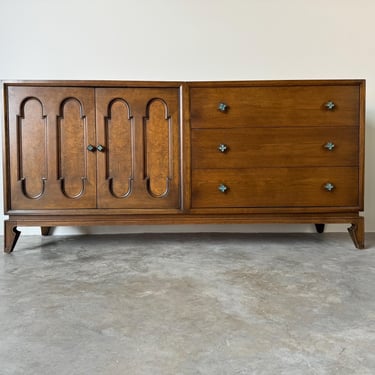 1970's Harold Schwartz for Romweber Pecan Dresser With Decorative Bronze Pulls 