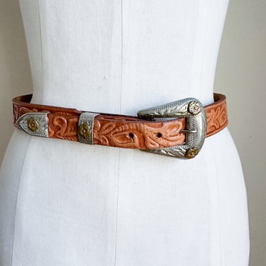 Vintage 1970s Tooled Leather and Solid Silver Belt / 26