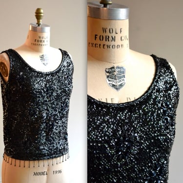 Vintage 60s Black Sequin Shirt Tank Top Shell Size Medium Large// Black Metallic Sequin Top Shirt Shell Size Large Beaded Fringe 