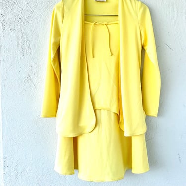 Vintage 60s Palm Beach Dress Set Cardigan Ruffle Skirt 1960s Women’s Suit Yellow Jacket Tiered Skirt 