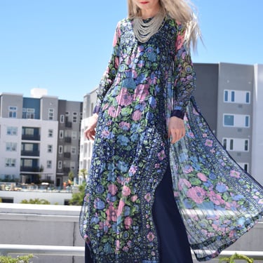 70s Richilene for Elizabeth Arden Blue Floral Scarf Silk Maxi Dress | SZ XS S 