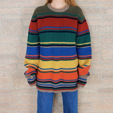 Vintage Land's End Chunky Knit Striped Fisherman Pullover Sweater 
