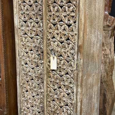 Hand Carved Jali Door White Distress Teak 2 Door Armoire from Terra Nova Designs Los Angeles 